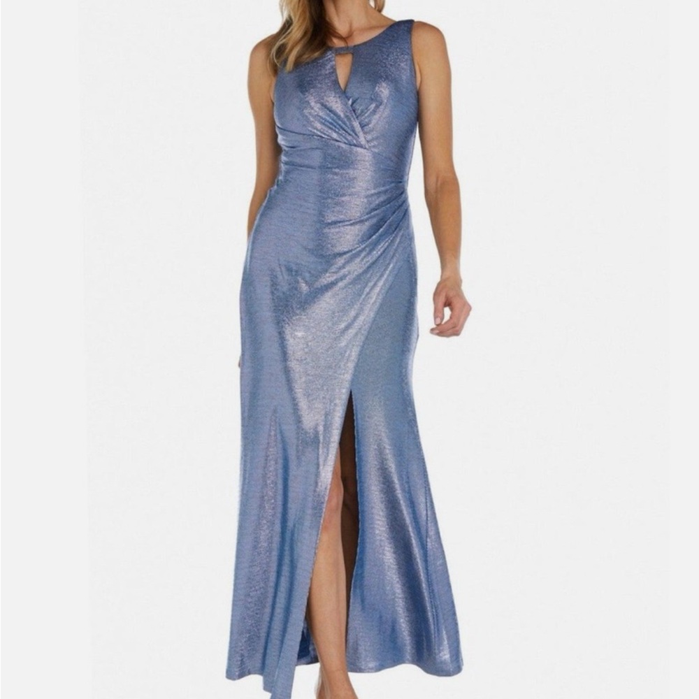 Night Way Collections Silver Ruched V-Neck Gown